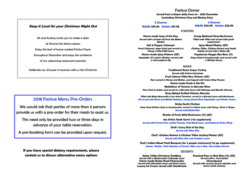 Special Occasions Menus Stroma Bistro